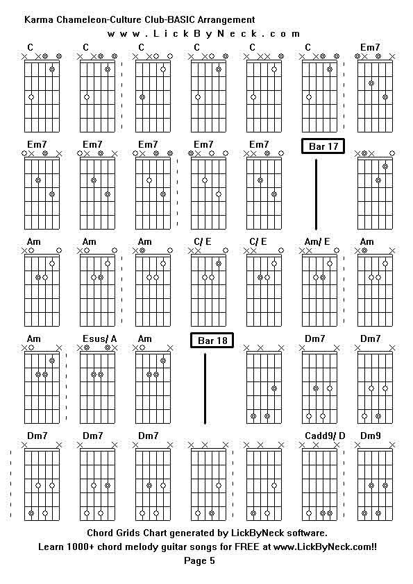 Chord Grids Chart of chord melody fingerstyle guitar song-Karma Chameleon-Culture Club-BASIC Arrangement,generated by LickByNeck software.